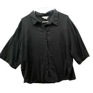 H&M Linen Blend Button Up Shirt Womens L Black Short Sleeve Cropped